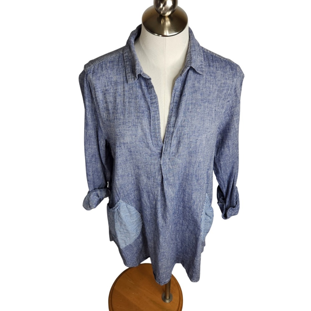 For Cynthia Tunic Top‎ Women's Large Linen Blend Chambray Stripe Accents Pockets